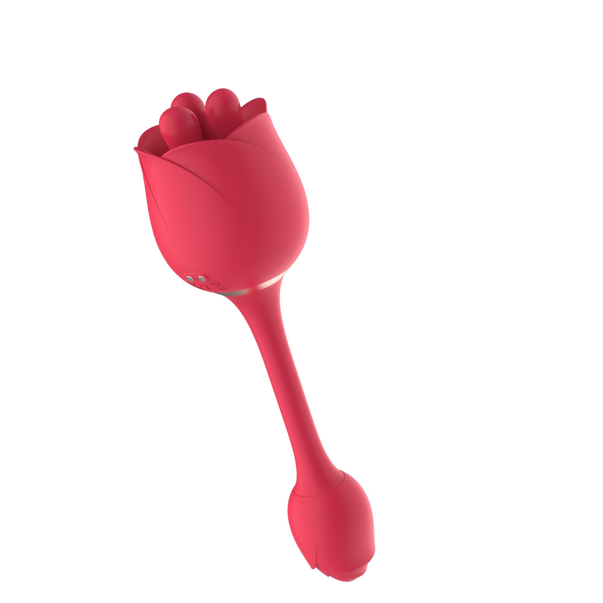 Roter, rosenförmiger Vibrator mit Stiel und Blütenblättern. Oberteil mit drei kleinen Blüten. Schräg.