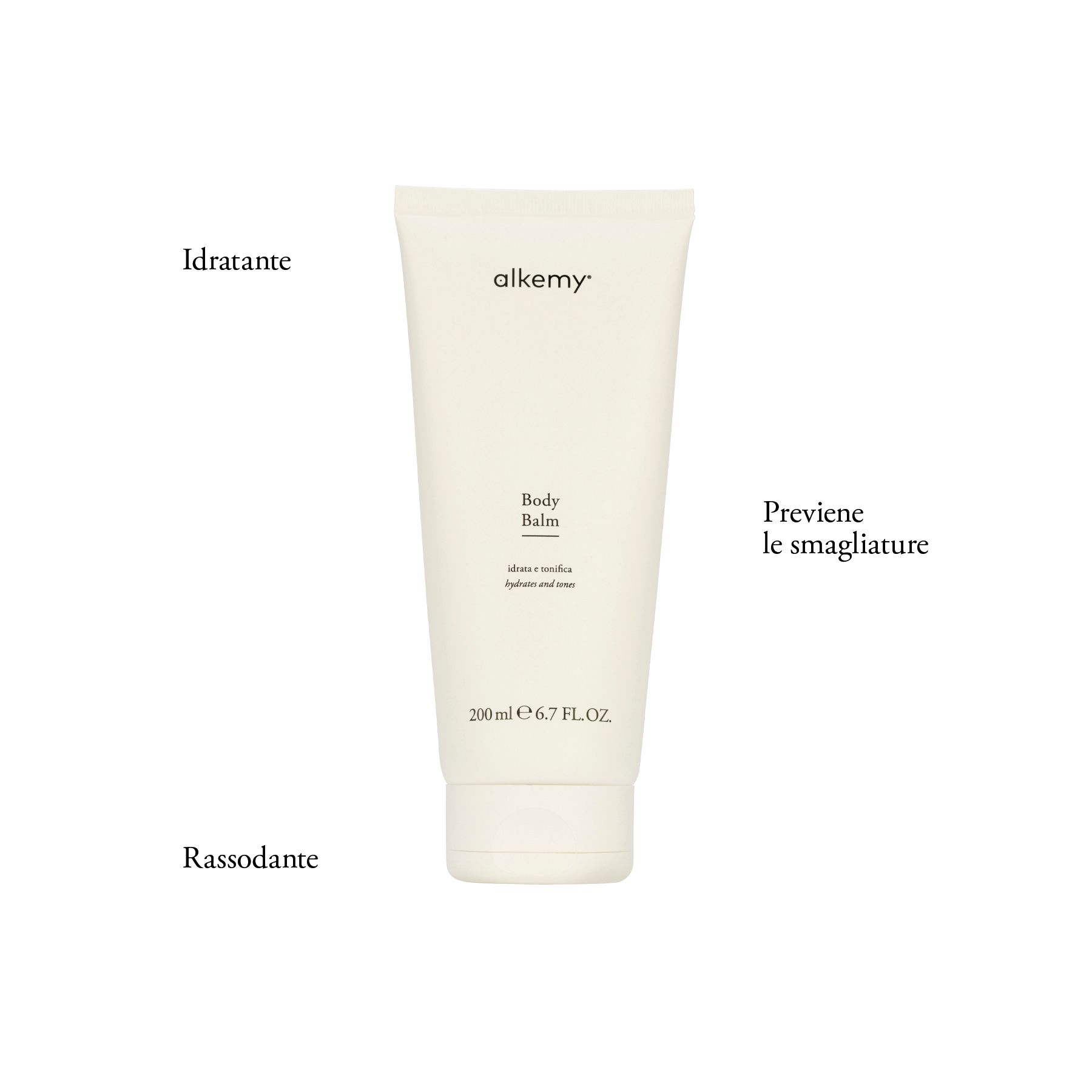 Weiße Tube mit Körperbalsam, beschriftet mit 'alkemy', 'Body Balm', 'idrata e tonifica' und '200 ml 6.7 FL.OZ.'.