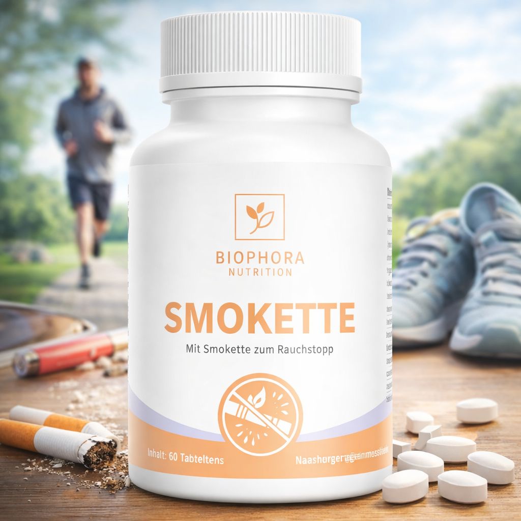 Weiße Tabletten in einer weißen Flasche. Aufschrift: SMOKETTE, Mit Smokette zum Rauchstopp. Im Hintergrund: Jogger, Schuhe, Zigaretten.