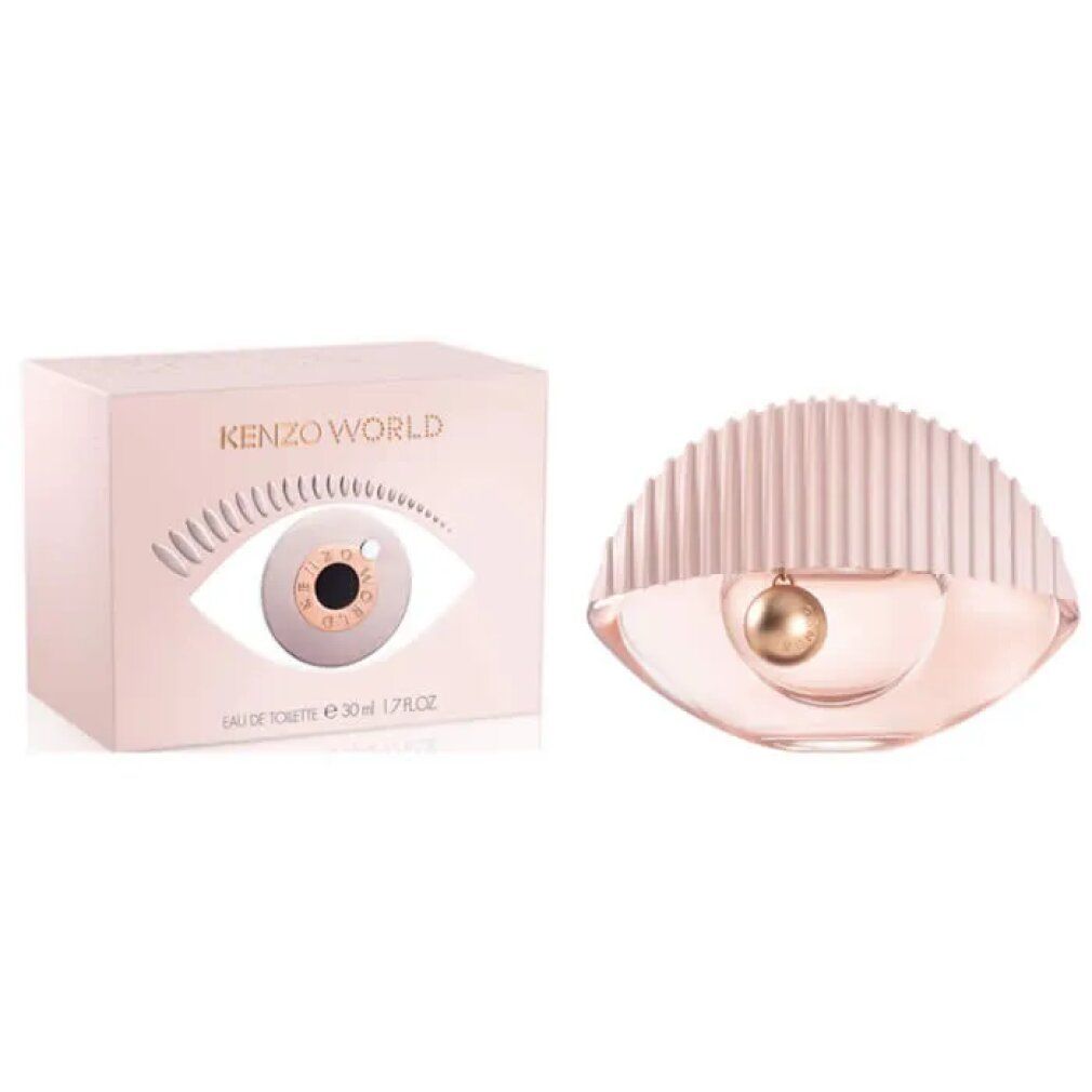 Kenzo World Eau de Toilette Flakon und Verpackung. Verpackung mit Augenmotiv. Flakon in Augenform mit geriffelter Kappe und Kugel.