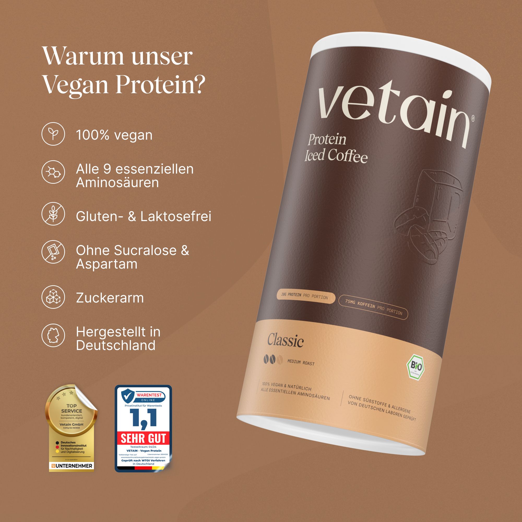 Dose Vetain Protein Iced Coffee. Text: 100% vegan, alle 9 essentiellen Aminosäuren, gluten- & laktosefrei, ohne Sucralose & Aspartam, zuckerarm.