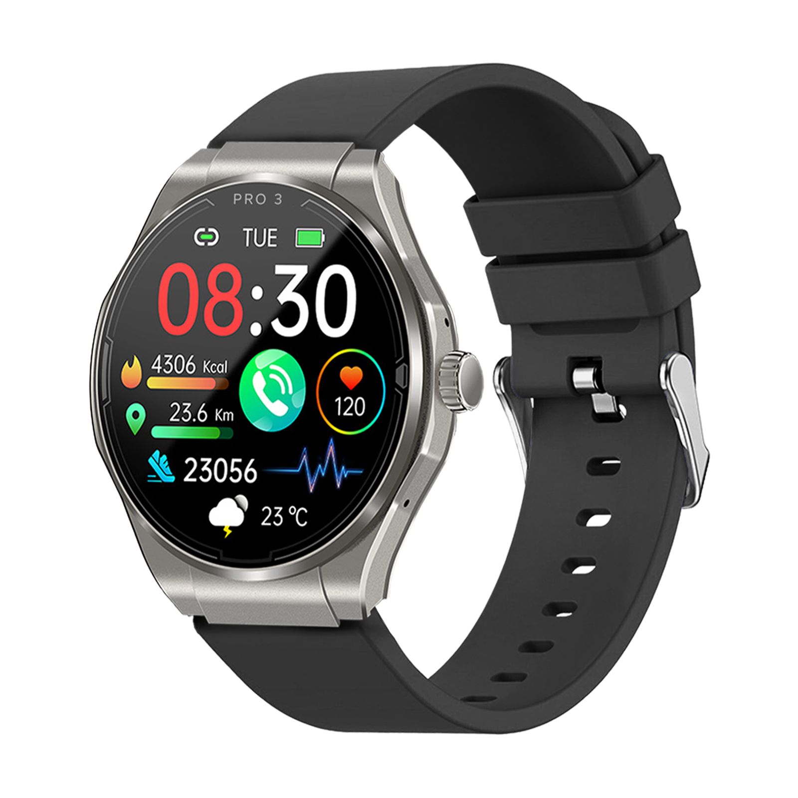 Smartwatch mit rundem Display, schwarzem Armband und silbernem Gehäuse. Zeigt Uhrzeit, Gesundheitsdaten und Wetter.