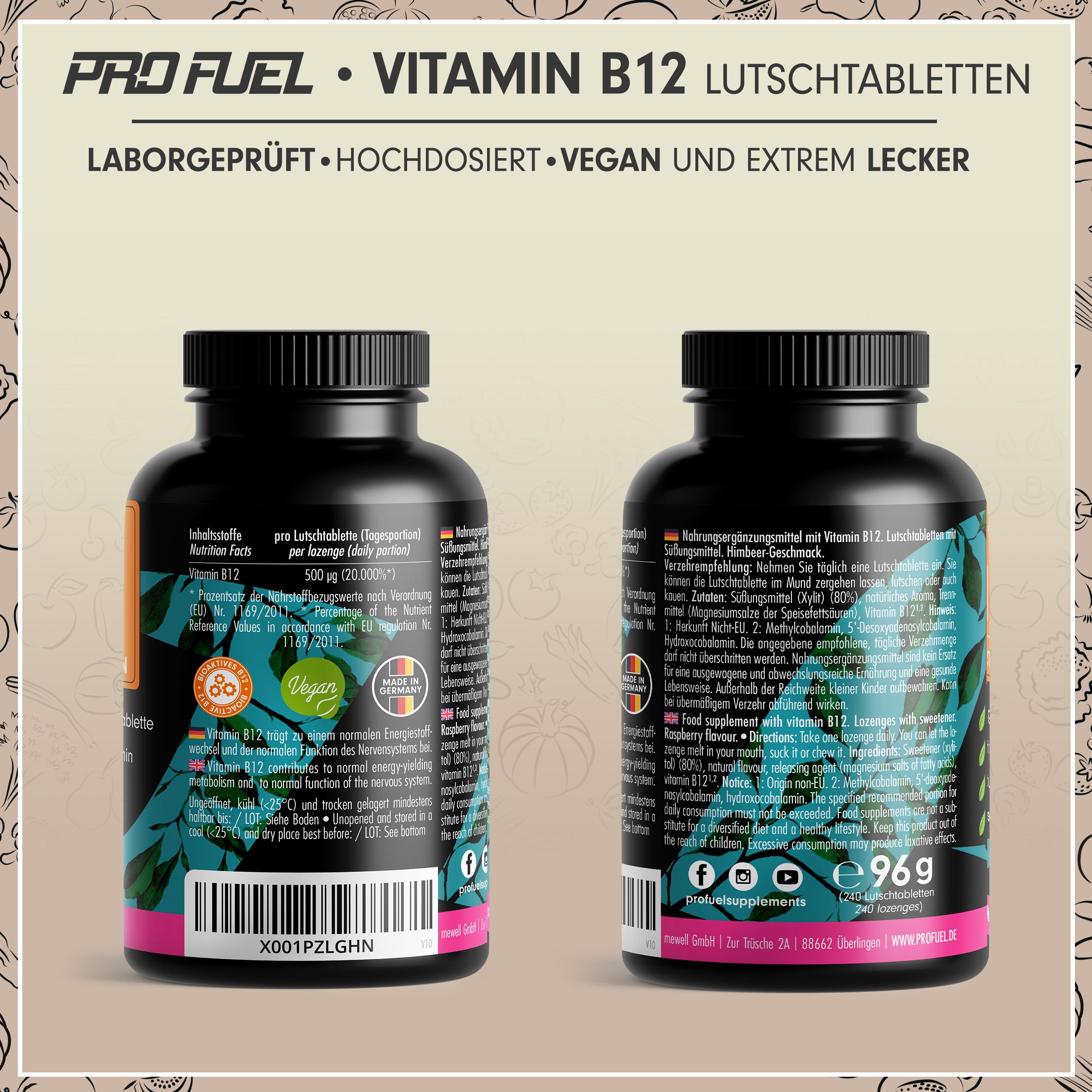 Zwei Flaschen Vitamin B12 Lutschtabletten. Rückseite mit Nährwertangaben und Inhaltsstoffen. Aufschrift: Vegan, Made in Germany.