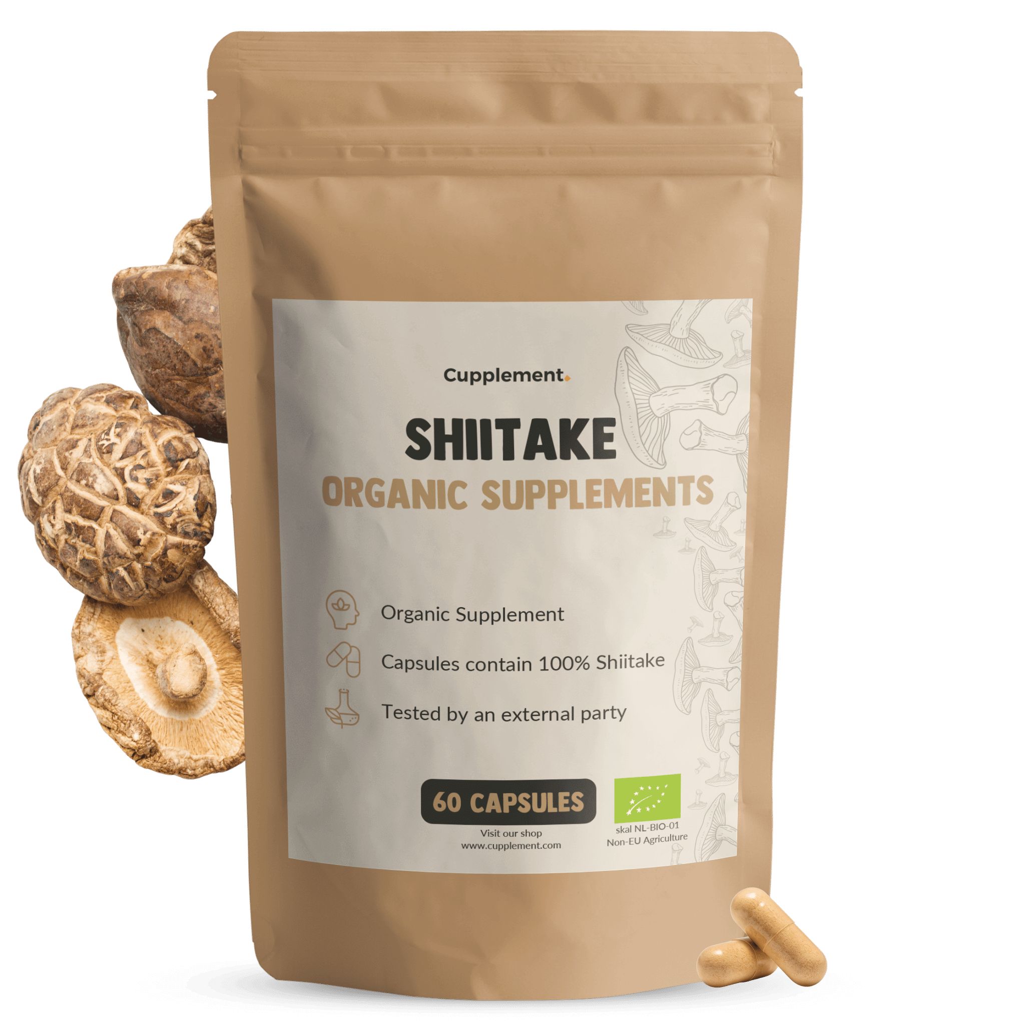 Braune Tüte mit Aufschrift Shiitake Organic Supplements. 60 Kapseln. Shiitake-Pilze und Kapseln daneben.