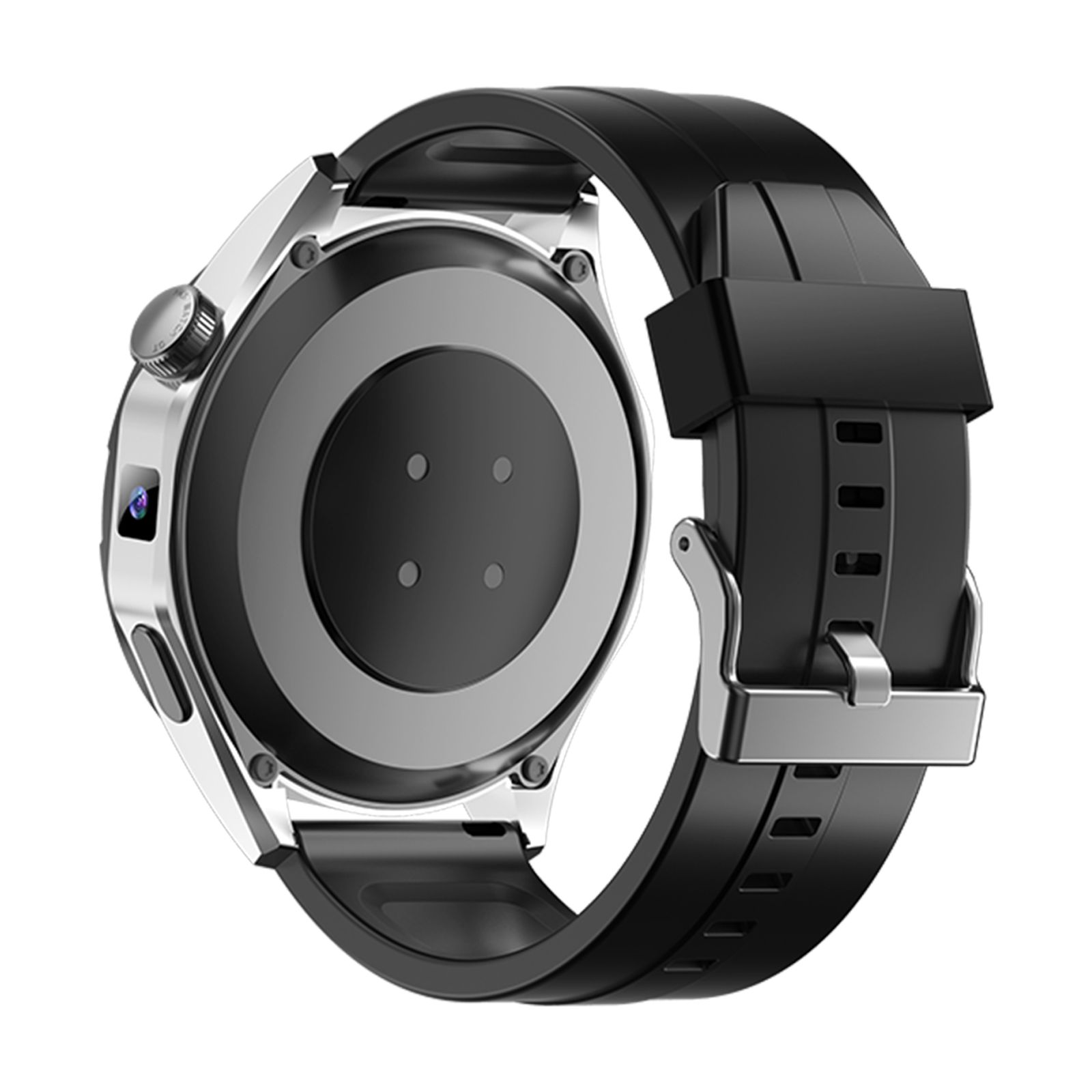 Rückseite einer Smartwatch mit schwarzem Armband und silbernem Gehäuse. Sensoren und Ladekontakte sichtbar.