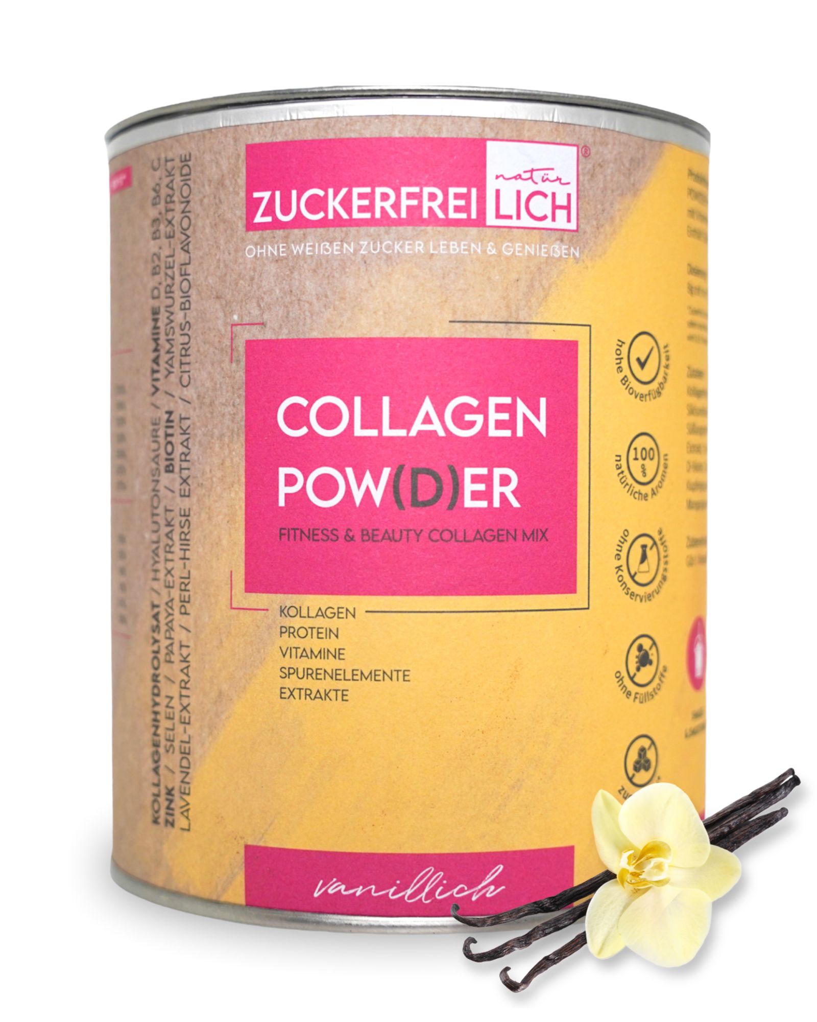 Dose ZUCKERFREIlich Collagen Pulver mit Vitaminen Vanillich. Gelb-rosa Dose mit Produktinformationen. Vanilleschoten und Blüte.