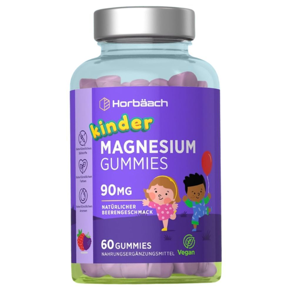 Horbaach Kinder Magnesium Gummies. Lila Flasche mit Gummibärchen. 60 Gummies, 90mg, Erdbeergeschmack. Vegan.