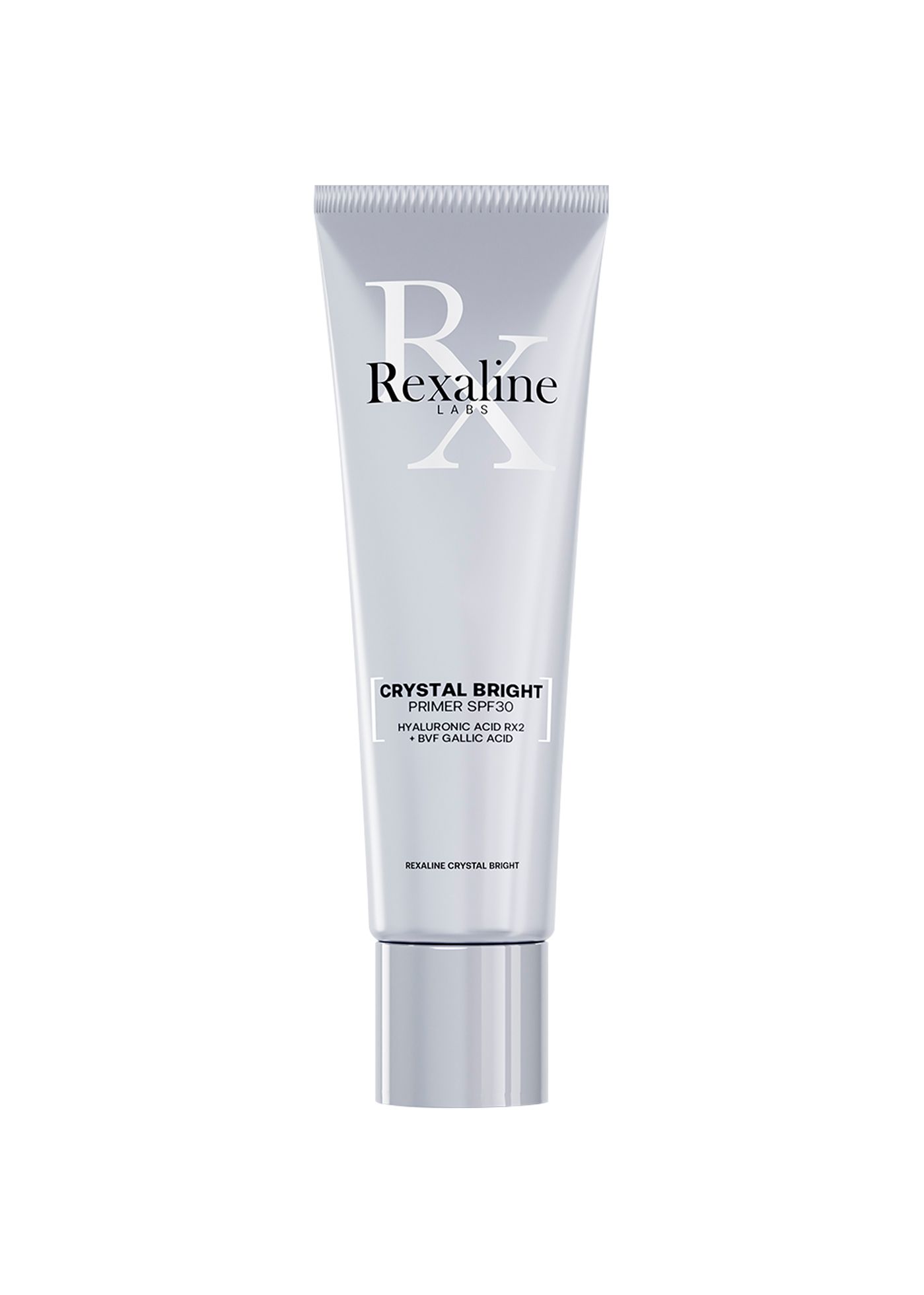 Creme-Tube mit Rexaline-Logo und Aufschrift Crystal Bright Primer SPF30. Enthält Hyaluronsäure und Vitamin C.