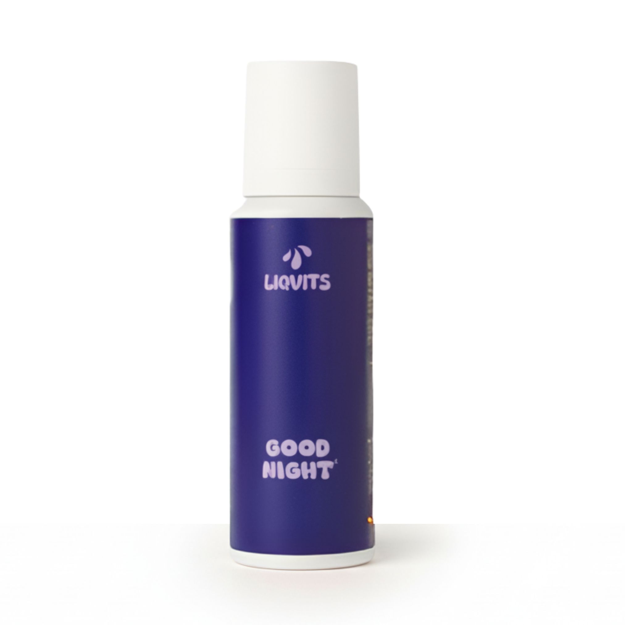 Blau-weiße Flasche "LiqVits Good Night". Aufschrift: Good Night. Vegan, zuckerfrei.