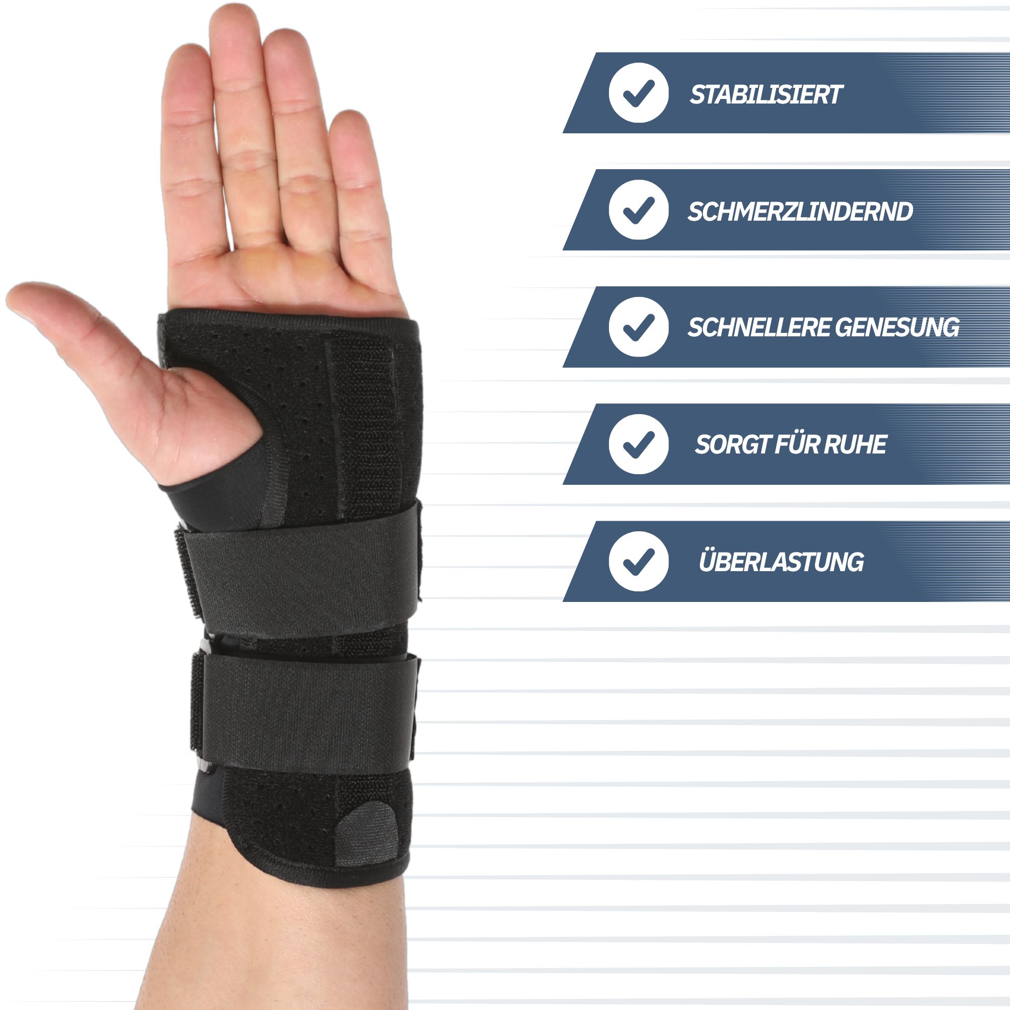 Schwarze Handgelenkbandage mit Klettverschlüssen zur Stabilisierung und Schmerzlinderung.
