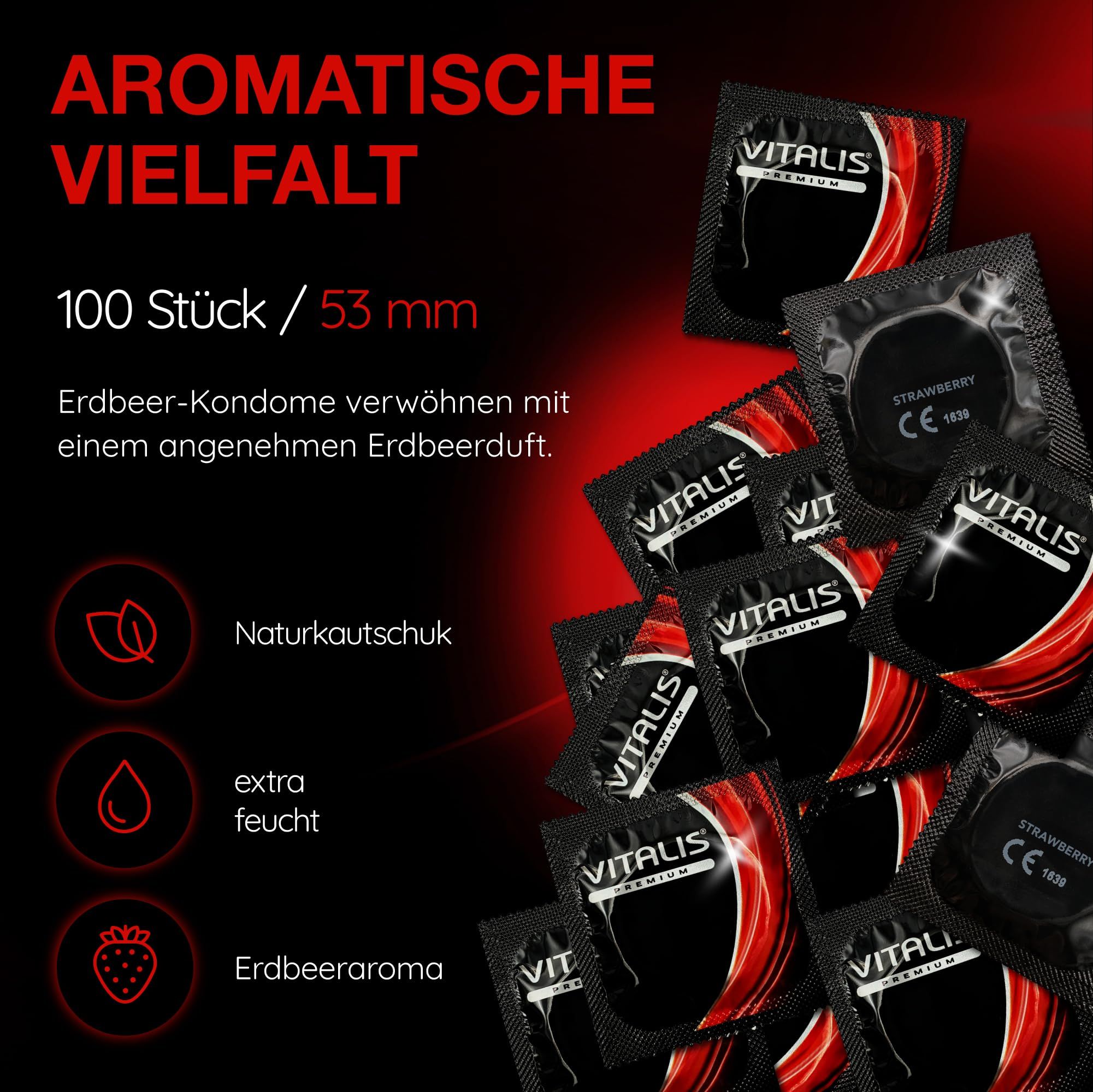 Vitalis Erdbeer Kondome: 100 Stück, 53mm. Naturkautschuk, extra feucht, Erdbeeraroma.