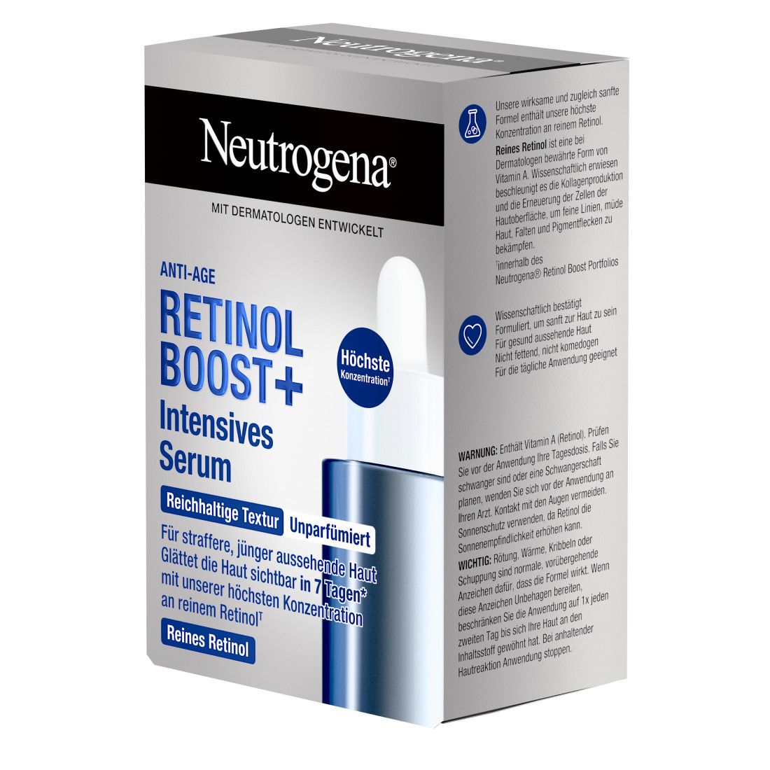 Verpackung mit Serumflasche. Aufschrift: Neutrogena, Retinol Boost+ Intensives Serum. Text: Anti-Age, Reichhaltige Textur, Unparfümiert.