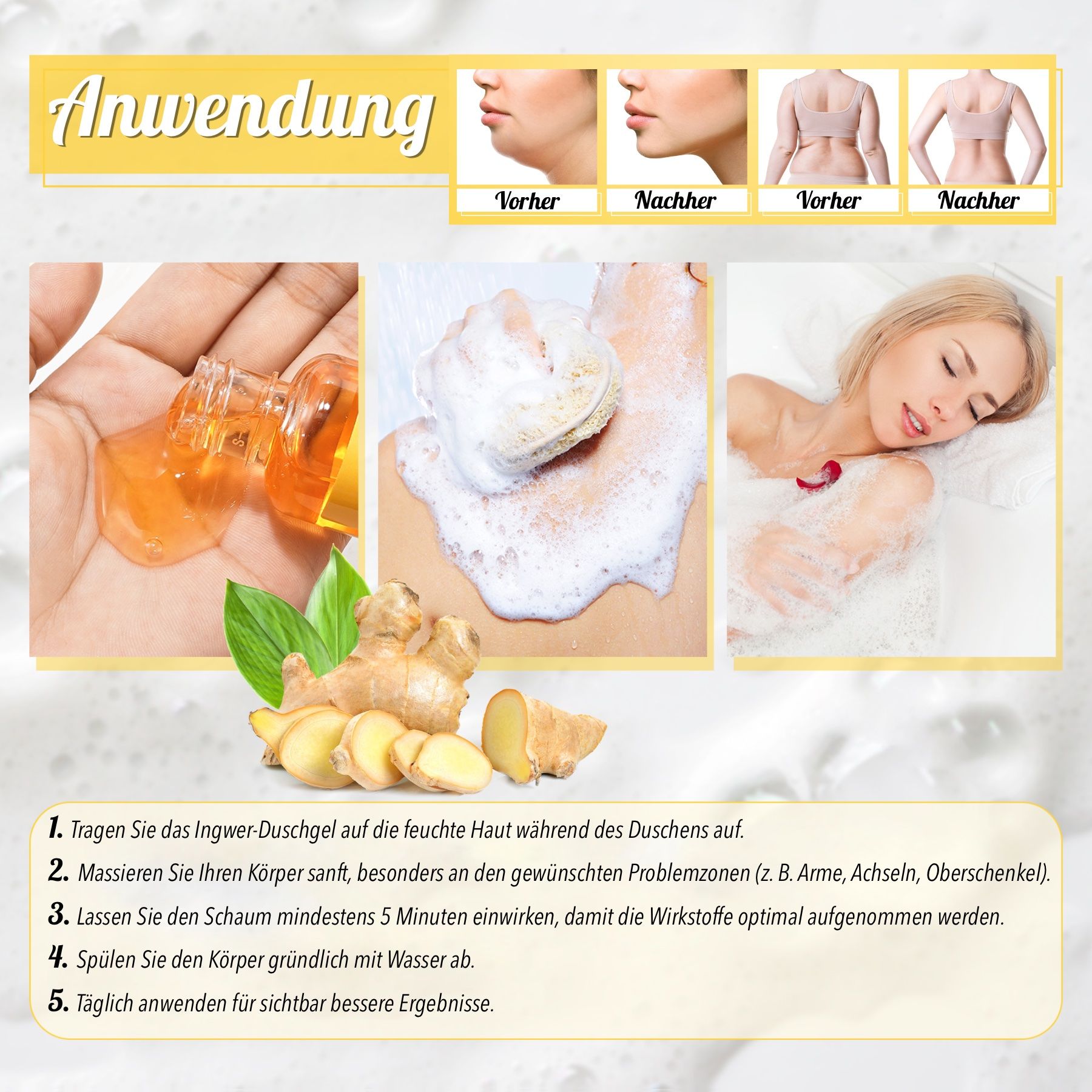 Anwendungsschritte: Auftragen, massieren, einwirken lassen, abspülen. Ingwer und Produktflasche sind abgebildet.