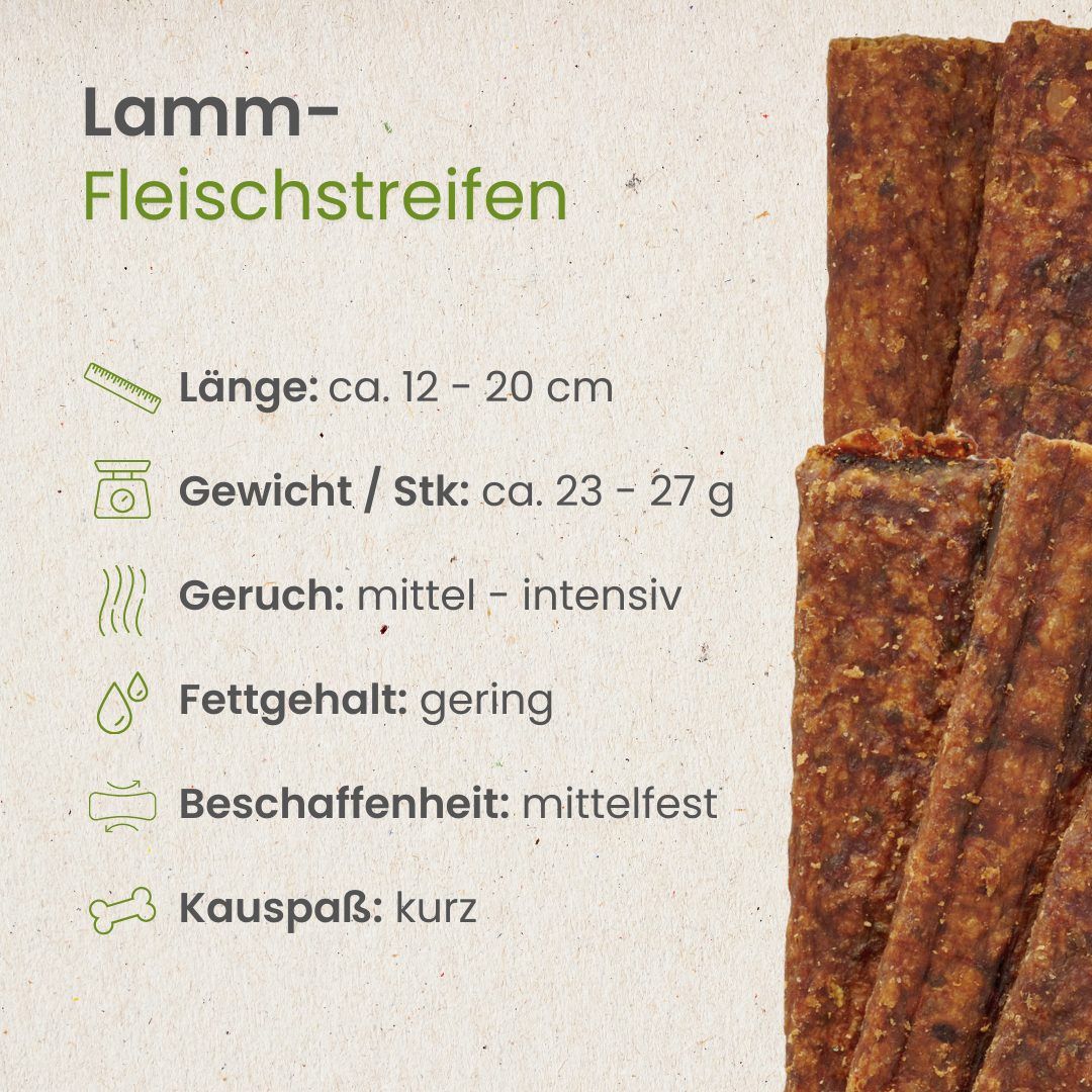 Lamm-Fleischstreifen, 12-20 cm lang, 23-27 g schwer, mittelfest, geringer Fettgehalt.