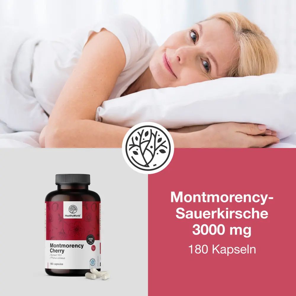 Frau im Bett, neben Produktflasche. Flasche: Montmorency-Sauerkirsche 3000 mg, 180 Kapseln. Logo: HealthyWorld. Kapseln.