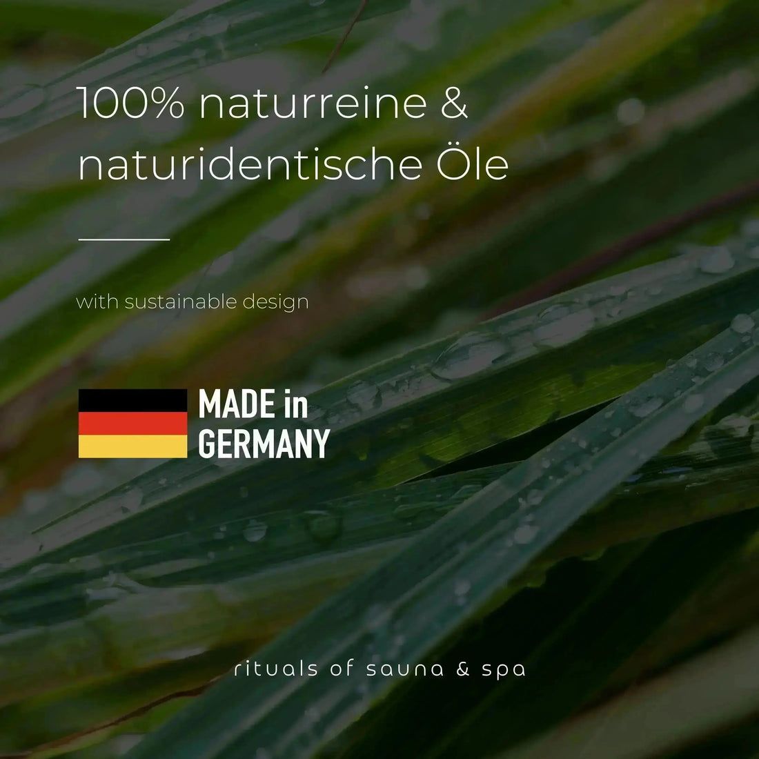 Werbung für Sauna-Aufguss. Text: "100% naturreine & naturidentische Öle". Made in Germany. "Rituals of sauna & spa".