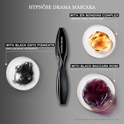 Mascara-Tube und Inhaltsstoffe. Text: Hypnose Drama Mascara. Mit schwarzen Onyx-Pigmenten.