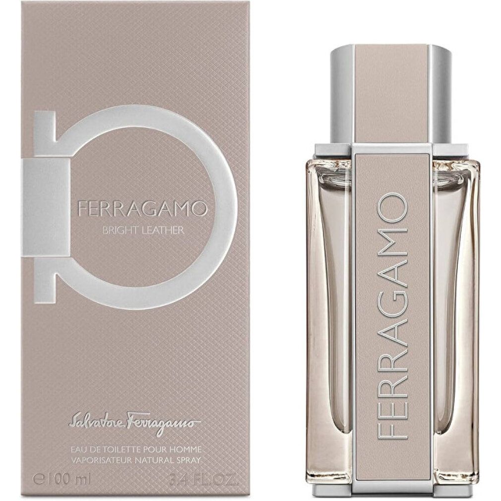 Ferragamo Bright Leather Eau de Toilette (100ml) neben der Umverpackung.