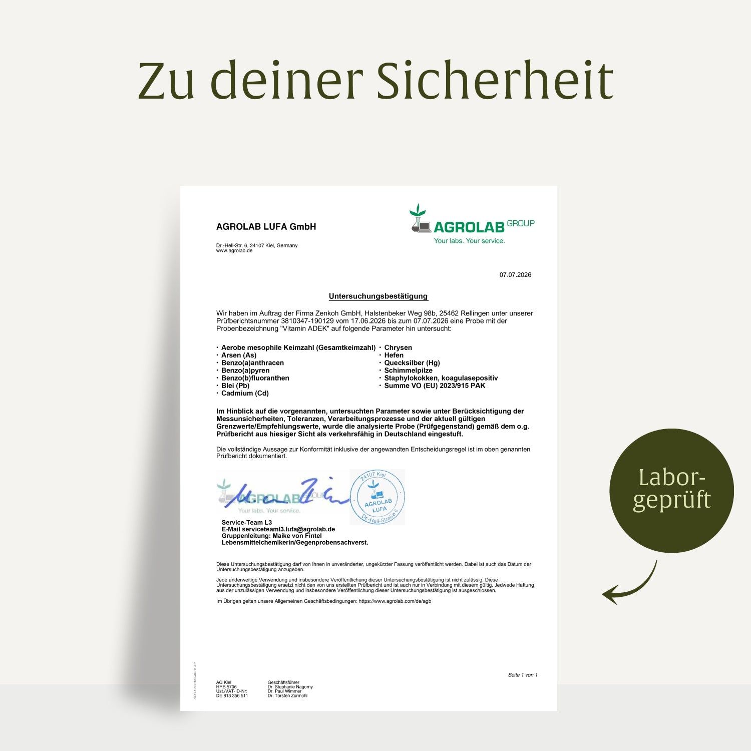 Laborbericht von AGROLAB zur Prüfung von NATURTREU Vitamin ADEK, Siegel 'Labor-geprüft'.