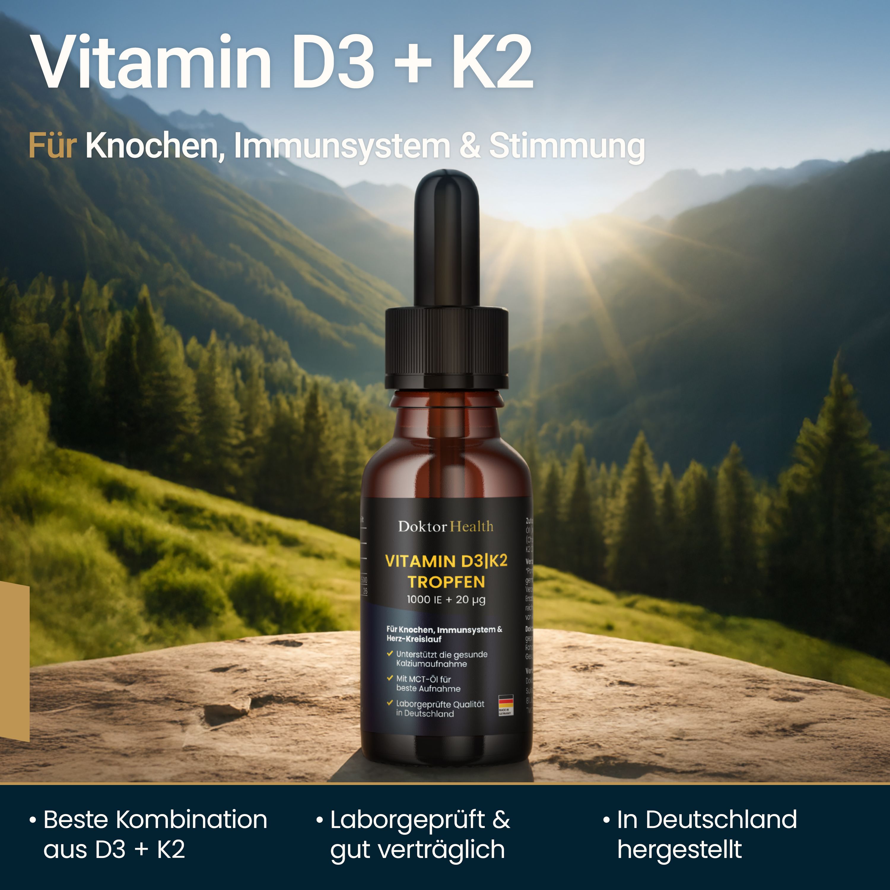 Braune Glasflasche mit Tropfer. Aufschrift: Vitamin D3 + K2 Tropfen. Hintergrund: Berglandschaft.