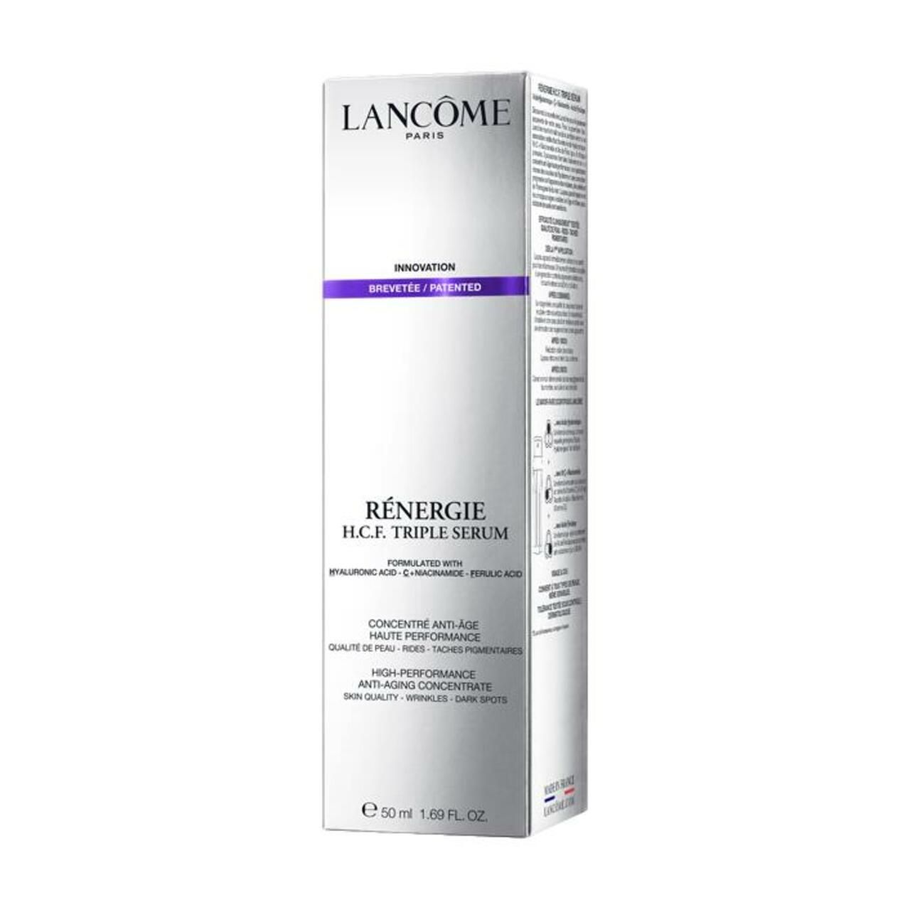 Lancôme Rénergie H.C.F. Triple Serum. Weiße Verpackung mit Produktinformationen und Logo. 50 ml.