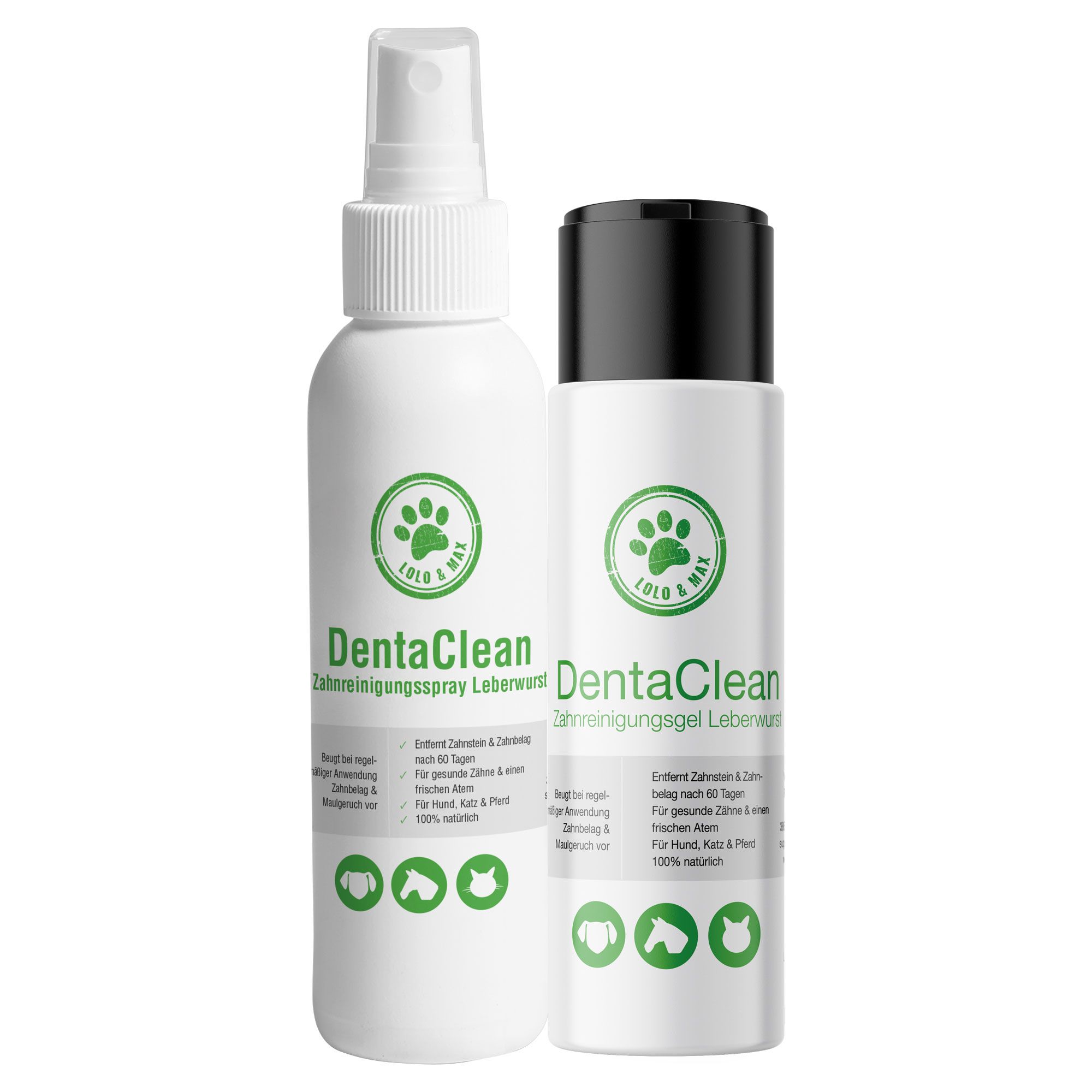 Zwei weiße Flaschen, eine mit grünem, eine mit schwarzem Deckel. Produktname: DentaClean Zahnreinigungs-Gel und Spray. Grüner und schwarzer Aufdruck.