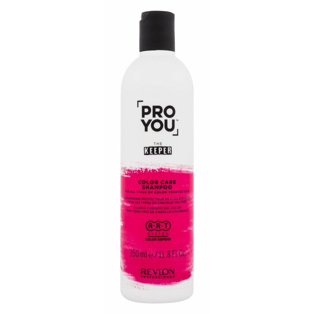 Weiße Flasche mit schwarzem Deckel. Aufschrift: PRO YOU THE KEEPER COLOR CARE SHAMPOO. Rosa Farbband. 350ml/11.8 FL.OZ. REVON PROFESSIONAL.
