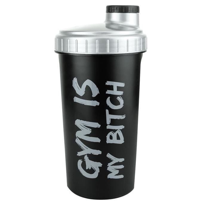 Schwarzer Shaker mit silbernem Deckel. Aufschrift: GYM IS MY BITCH.