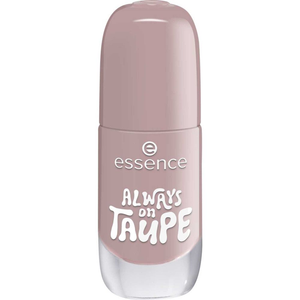 Geschlossene Nagellackflasche, Farbe: Taupe. Aufschrift: Always on Taupe. Marke: Essence.