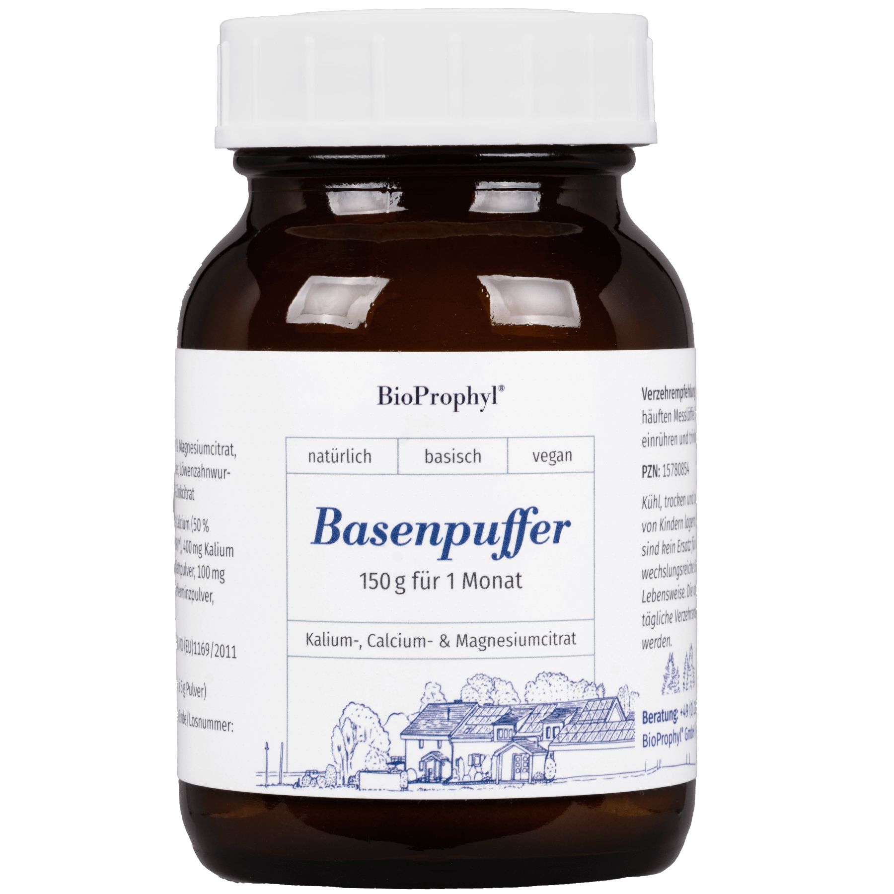 Braune Glasflasche mit weißem Deckel. Aufkleber mit Produktnamen 'Basenpuffer', 150g, und Inhaltsstoffen. Marke: BioProphyl.
