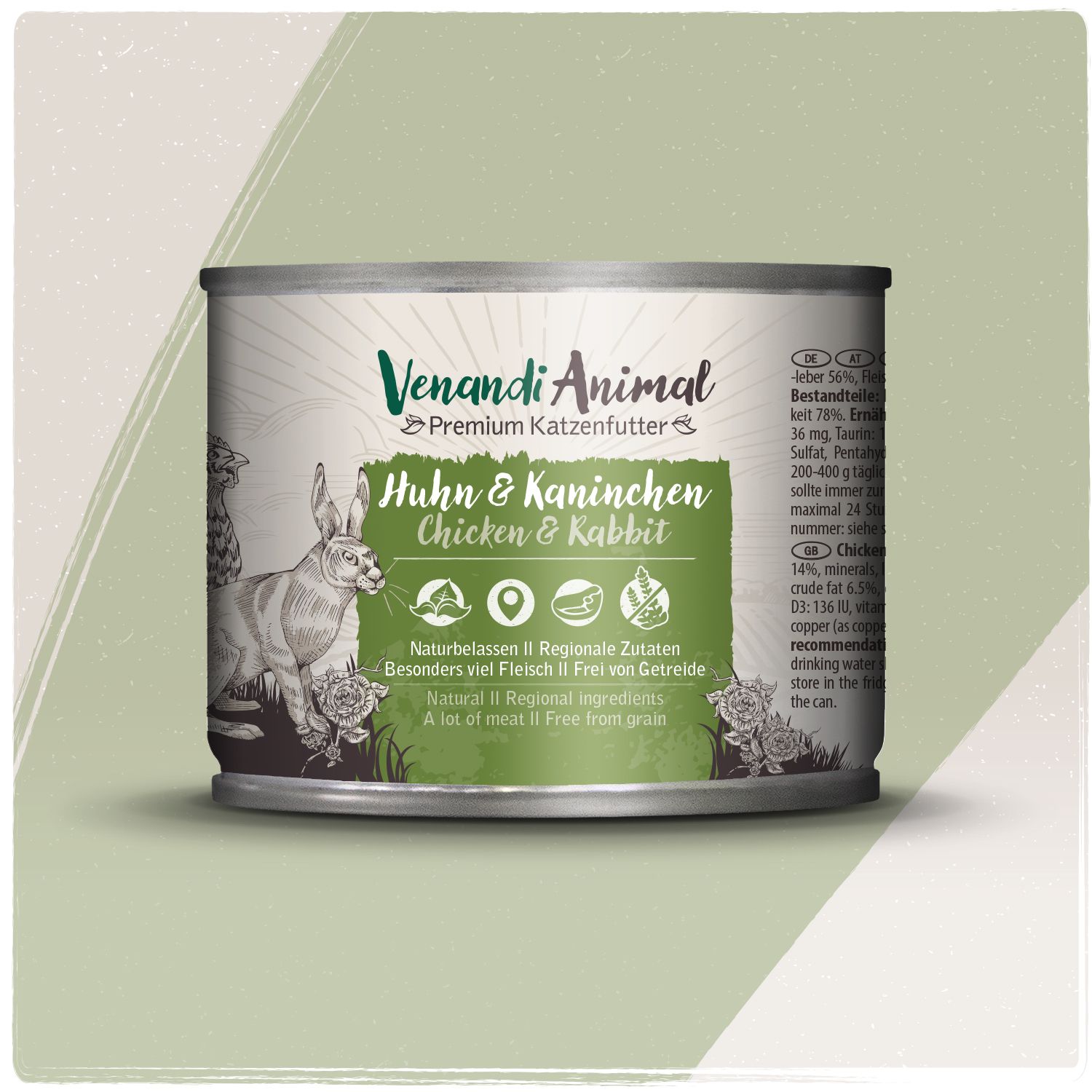Dose Venandi Animal Katzenfutter Huhn & Kaninchen, mit Abbildung von Huhn und Kaninchen.