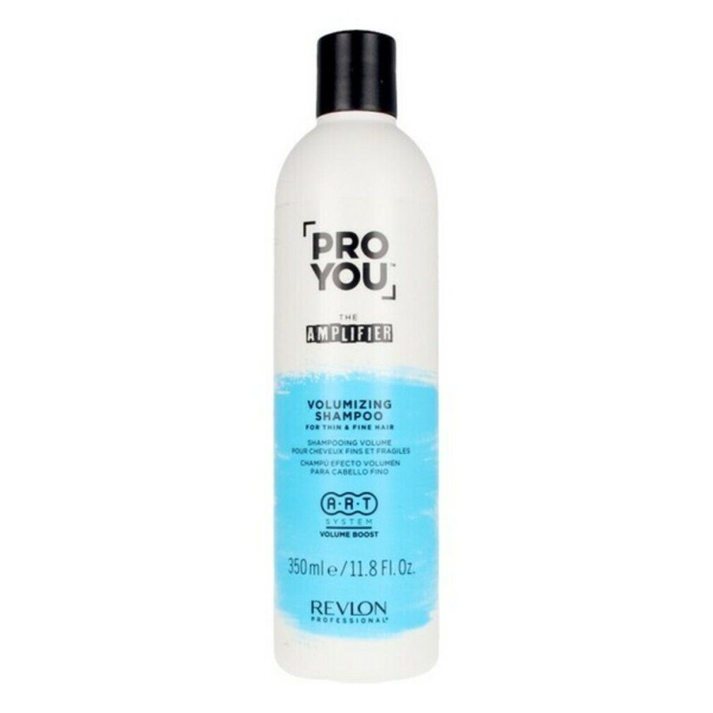 Weiße Shampoo-Flasche mit schwarzem Deckel. Aufschrift: Pro You The Amplifier, Volumizing Shampoo, Revlon.