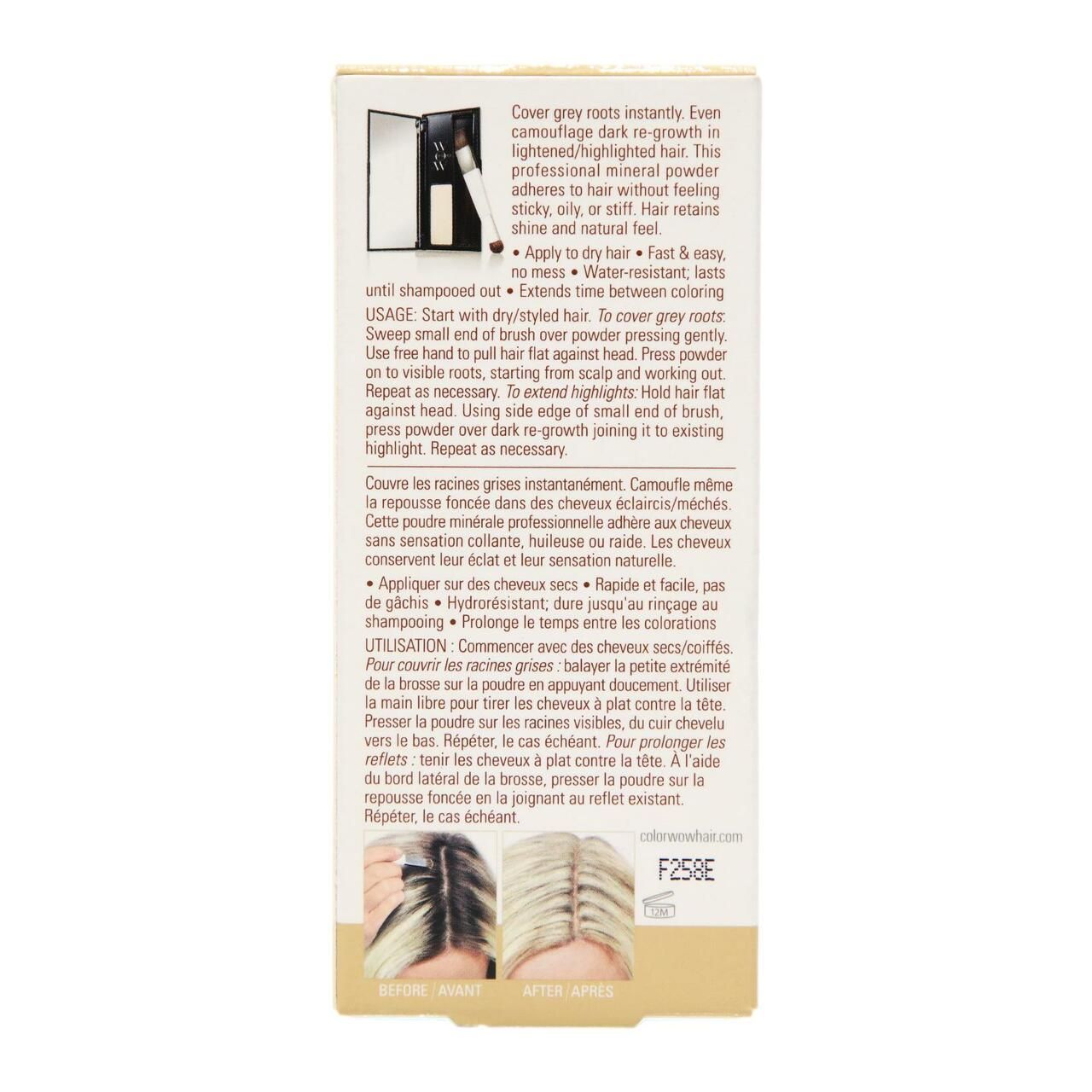 Rückseite der Produktverpackung. Text in Englisch und Französisch. Enthält Anwendungsanweisungen und Vorher-Nachher-Bilder.