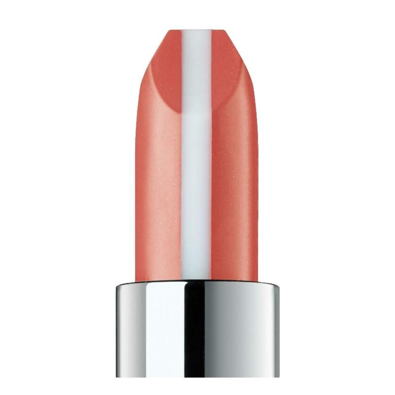 Nahaufnahme eines Lippenstifts. Der Lippenstift hat eine rosa-orange Farbe mit einem weißen Streifen in der Mitte. Silberne Hülse.