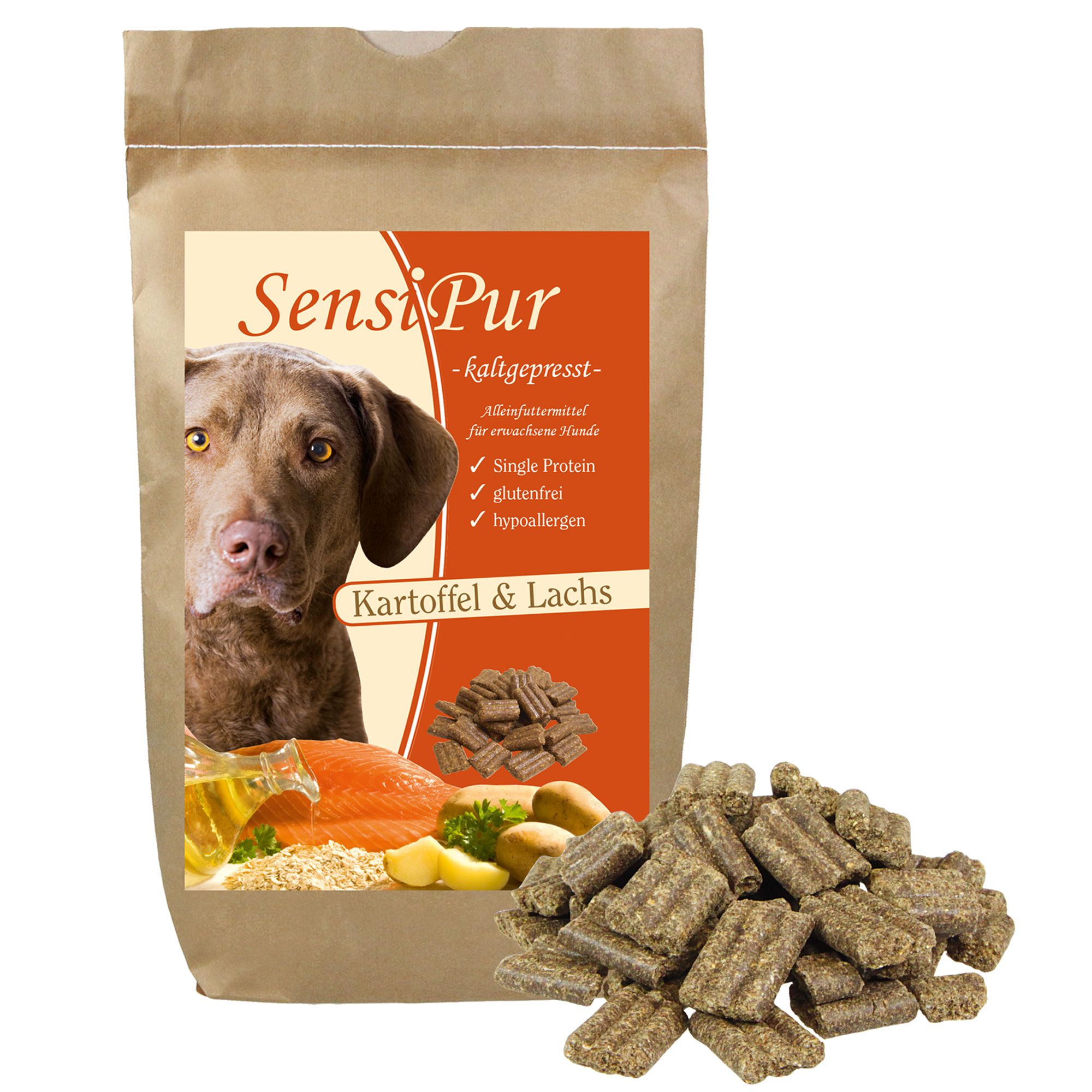 SensiPur Trockenfutter-Beutel mit Hund, Lachs, Kartoffeln und Futterbrocken. Einige Brocken liegen daneben. Text: 'Single Protein', 'glutenfrei', 'hypoallergen'.