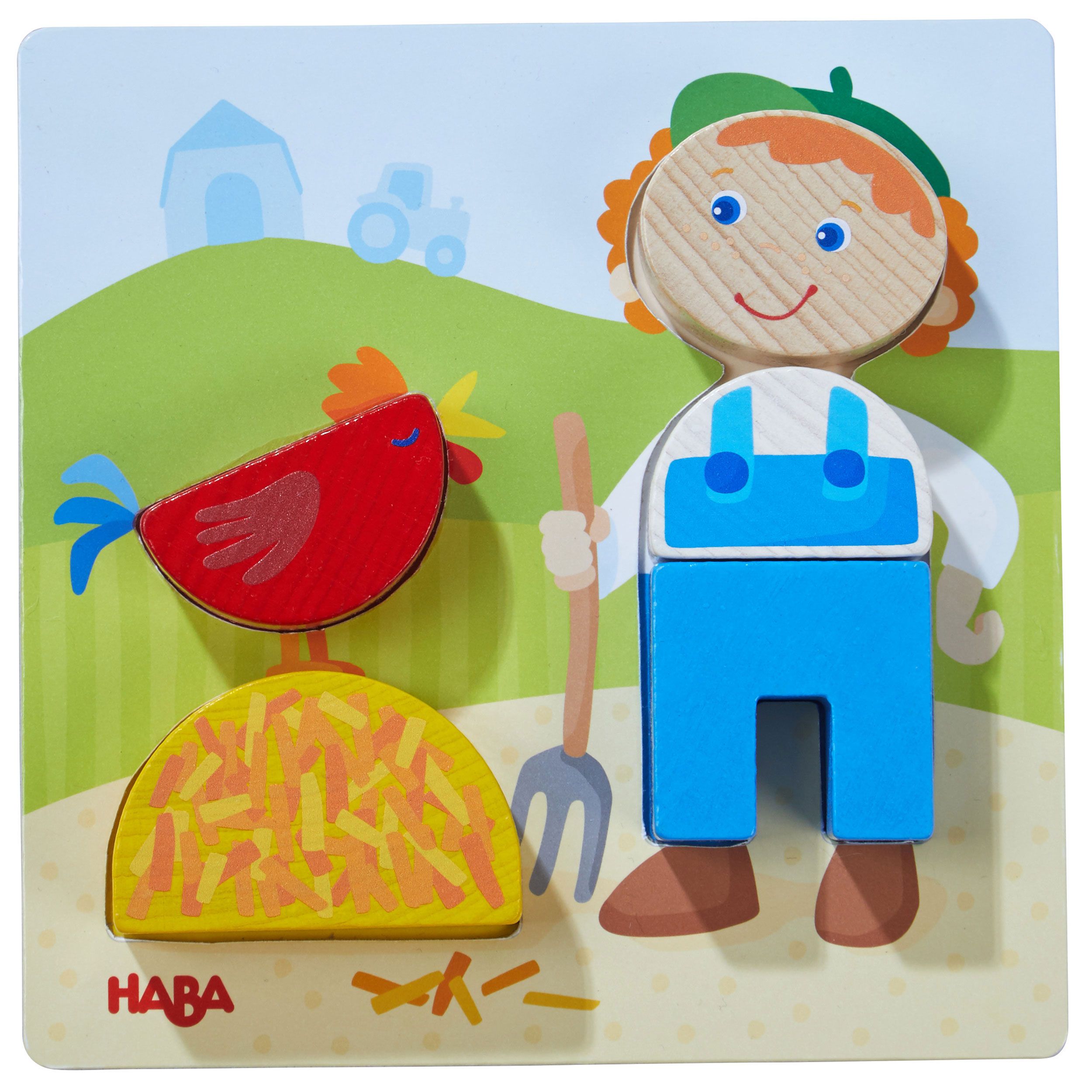 Puzzle mit Bauer-Motiv. Bauer mit Heugabel, rotes Huhn. HABA-Logo. Holzspielzeug.