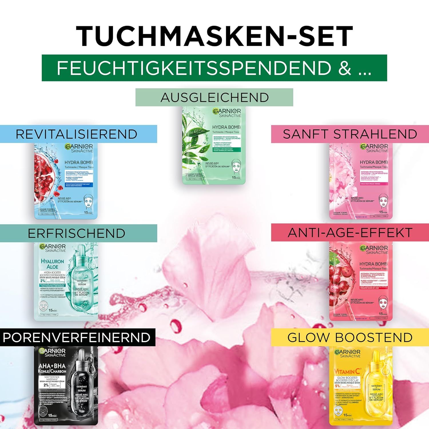 Garnier SkinActive Tuchmasken-Set. Masken mit verschiedenen Wirkungen: Revitalisierend, Ausgleichend, Erfrischend, Anti-Age, Sanft strahlend, Glow Boostend.