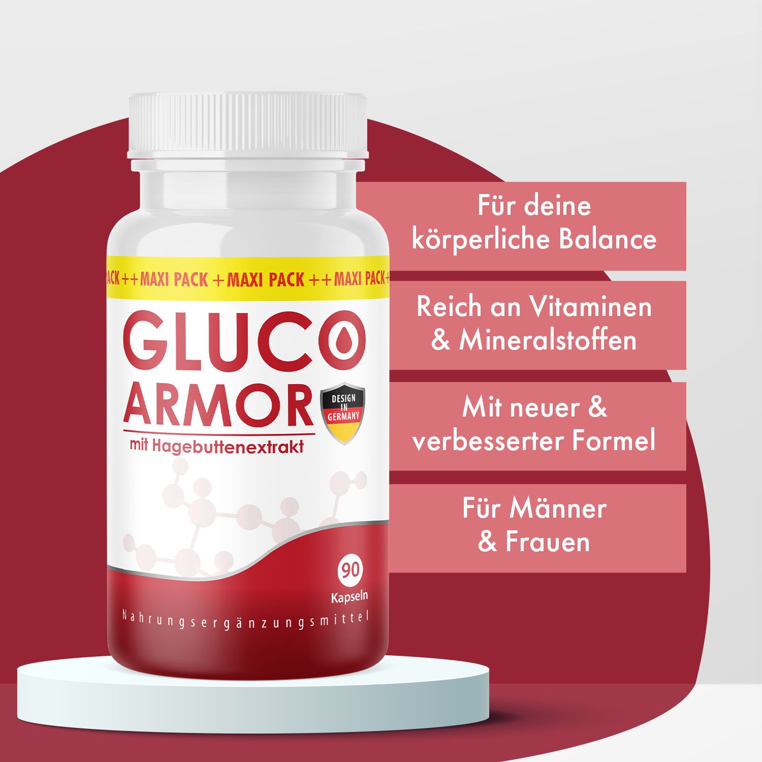 Weiße Flasche GLUCO ARMOR mit 90 Kapseln. Textfelder: Für deine körperliche Balance, Reich an Vitaminen & Mineralstoffen, Mit neuer & verbesserter Formel, Für Männer & Frauen.