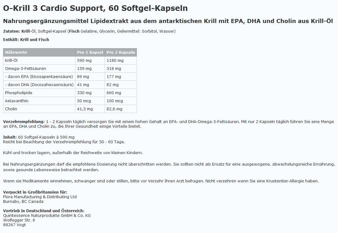 Textseite mit Informationen zu O-Krill 3 Cardio Support Kapseln. Enthält Nährwertangaben und Inhaltsstoffe.