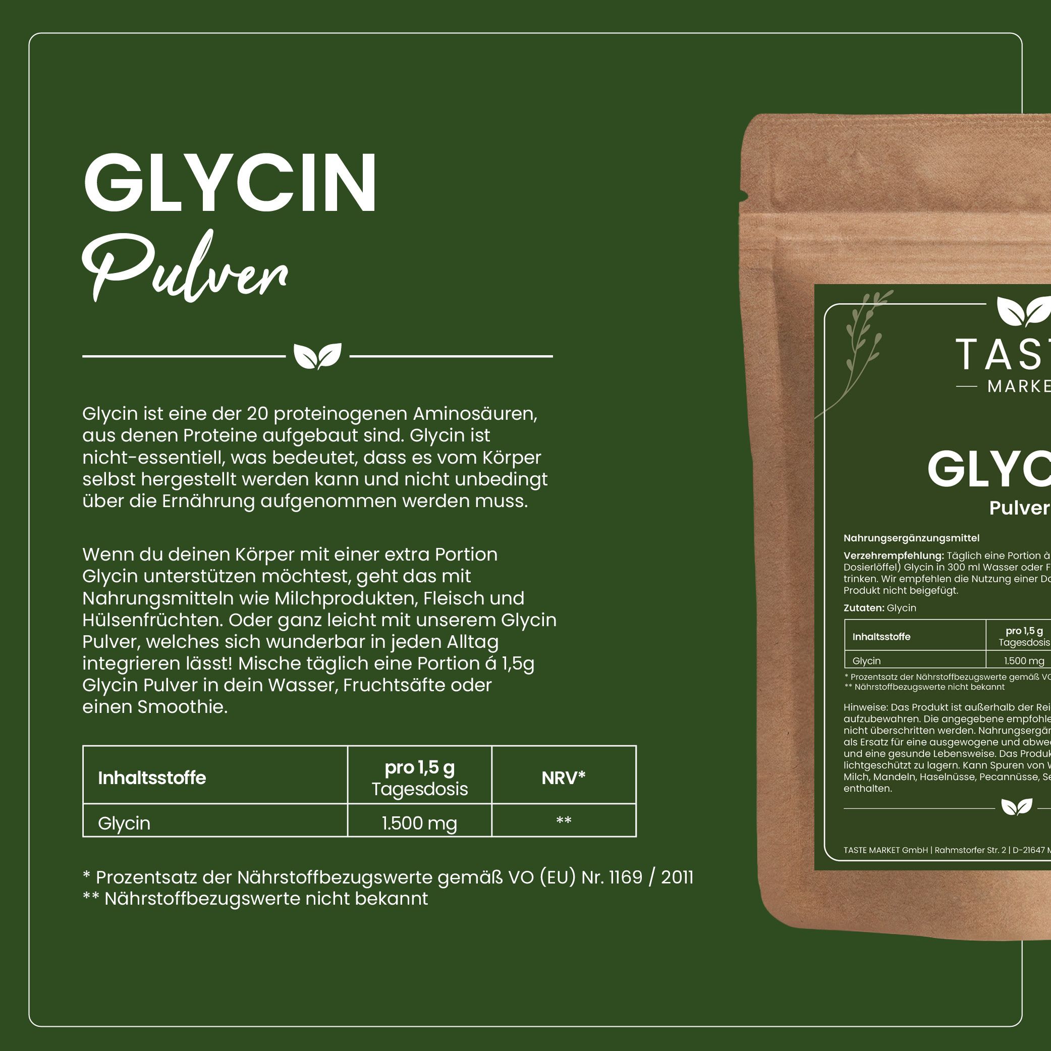 Nahaufnahme von Glycin-Pulver in einer braunen Papiertüte und einem Glas Wasser.