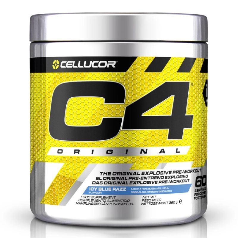 Metallbehälter mit gelbem Etikett. Aufschrift "C4" und "Cellucor". Enthält 60 Portionen. Geschmack: Icy Blue Razz.