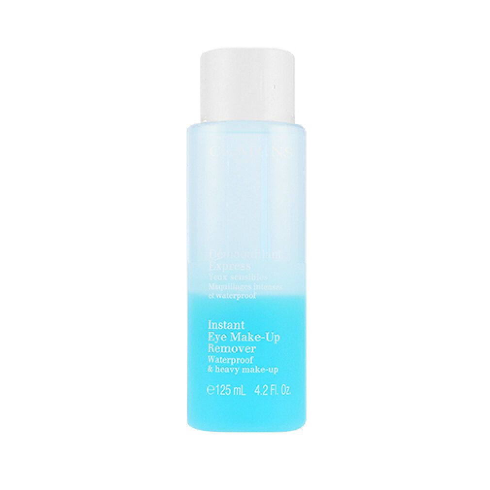 Clarins Instant Eye Make-Up Remover. Flasche mit blauem Inhalt und weißem Deckel. Text und Volumenangabe.
