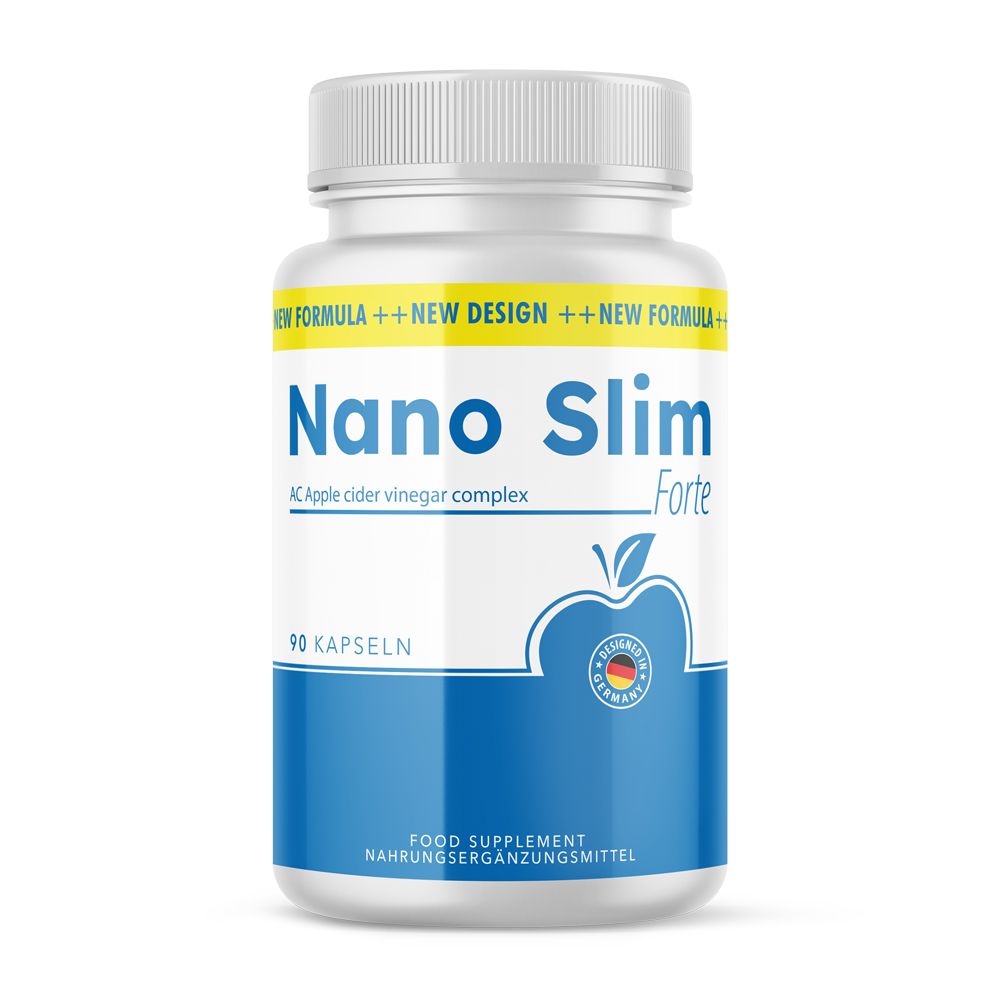 Weiße Flasche mit blauem Etikett. Aufschrift: Nano Slim Forte, 90 Kapseln. Apfel-Logo. Aufschrift: AC Apple cider vinegar complex. Hergestellt in Deutschland.
