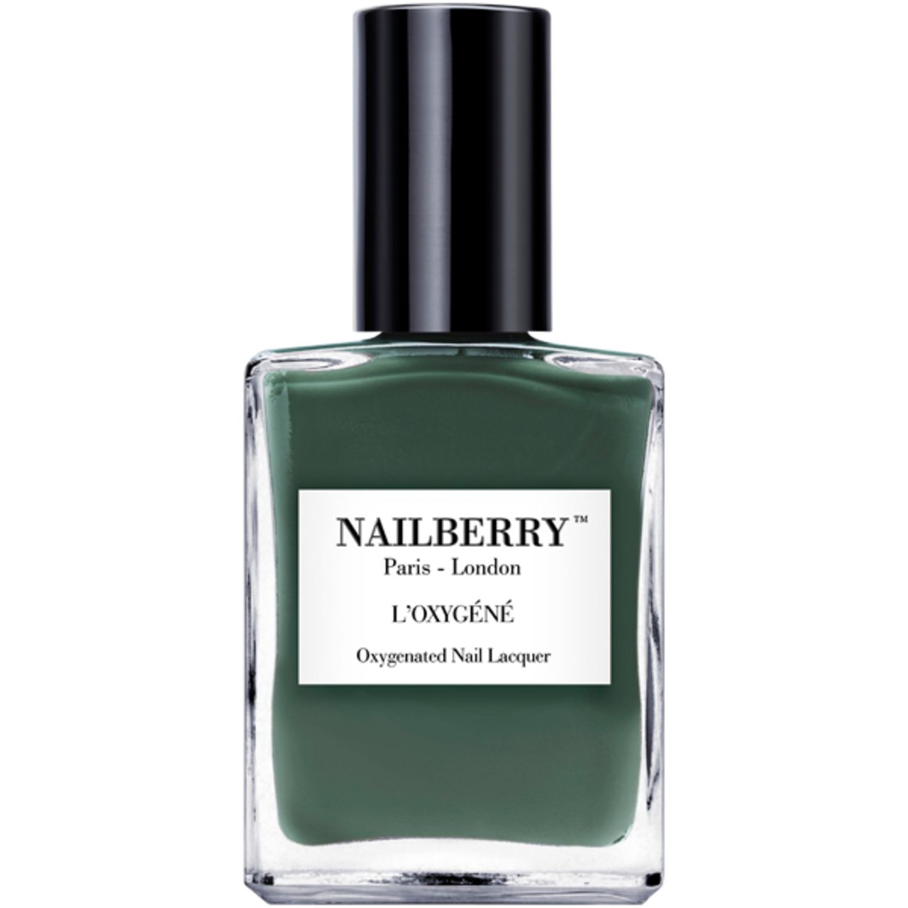 Grüner Nagellackflakon mit schwarzem Deckel. Auf dem Etikett steht NAILBERRY, L'OXYGÉNÉ und Oxygenated Nail Lacquer.