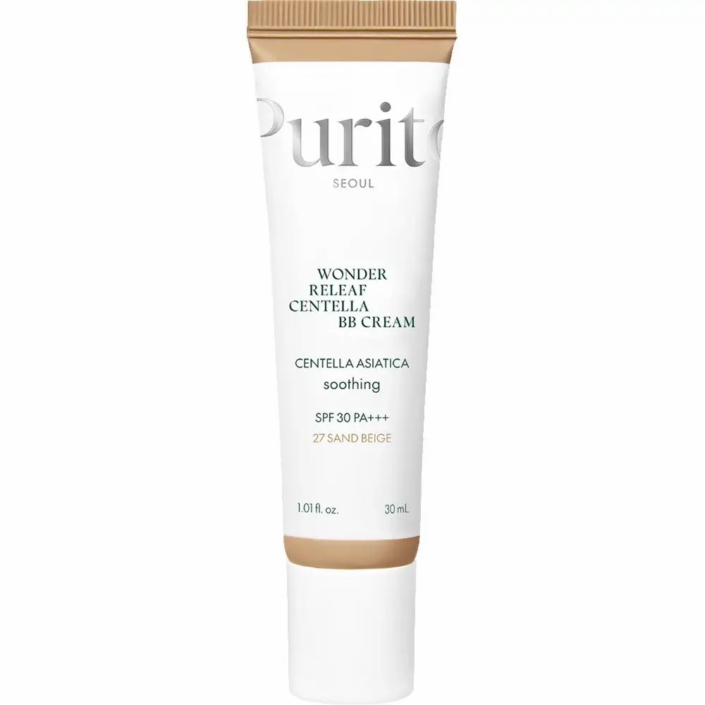 Tube BB Cream. Weißer Tube mit braunem Deckel. Text: Wonder Releaf Centella BB Cream, SPF 30 PA+++, 27 Sand Beige.