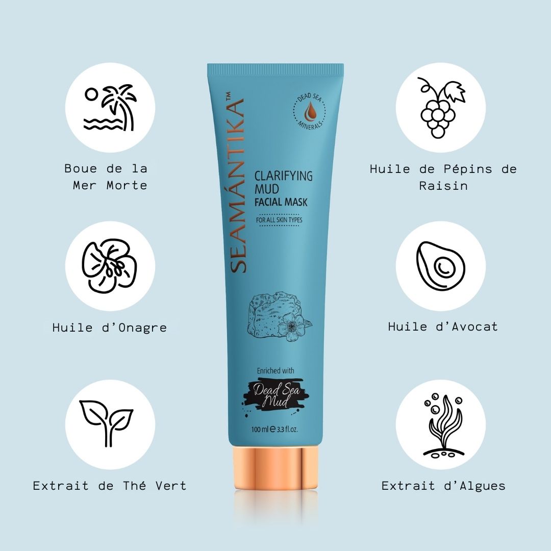 Tube bleu turquoise. Inscription : SEAMANTIKA, Clarifying Mud Facial Mask. Avec icônes d'ingrédients.