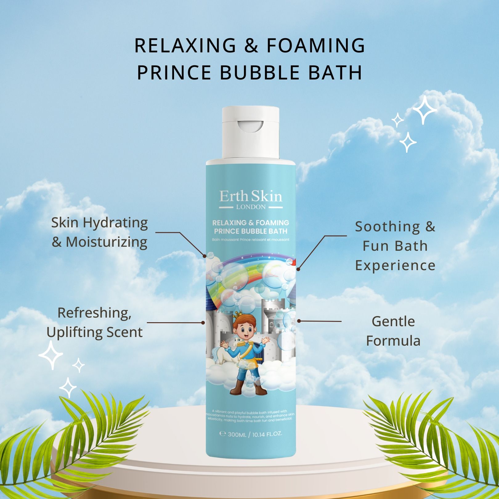 Hellblaue Flasche mit weißem Deckel. Etikett mit Prinzen-Illustration, Regenbogen und Schloss. Text: ErthSkin London, Prince Bubble Bath. Aufschrift.
