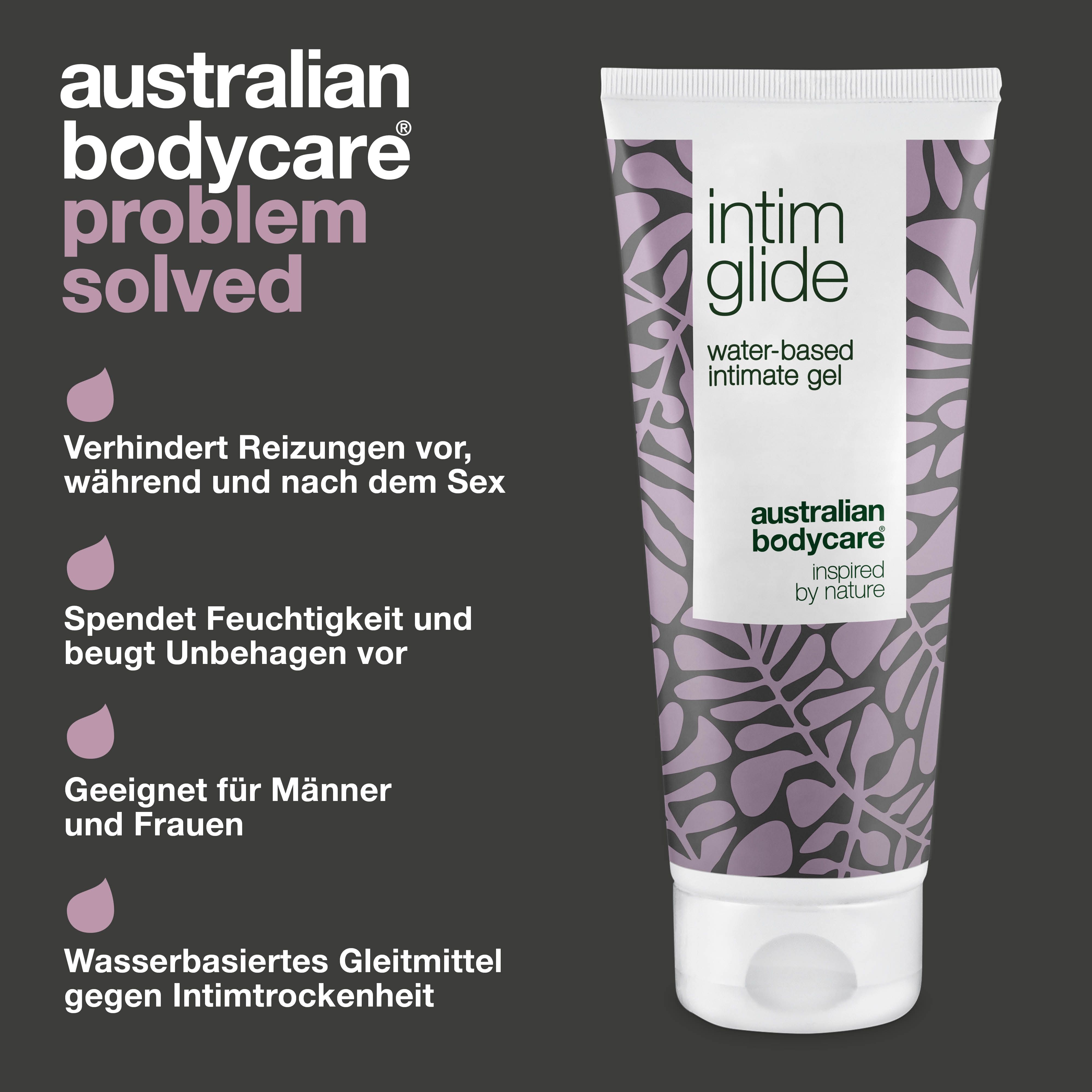 Vergleich: Problem und Lösung. Intim-Gleitgel. Wasserbasiert. Marke: Australian Bodycare. Lila Hintergrund.