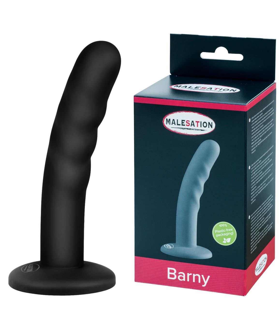 Schwarzer Dildo neben Verpackung. Verpackung mit Logo MALESATION, Produktname Barny. Dildo mit Basis und geriffelter Oberfläche.