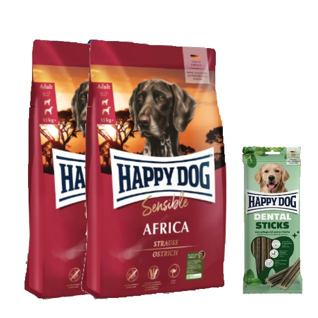 Happy Dog Sensible Africa Doppelpack + Dental Sticks für Hunde 25,1 kg